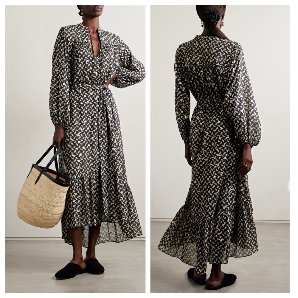 B45 Doen Ivana Midi‎ Dress XS Long Sleeve Tie Belt Boho Cottagecore Flowy